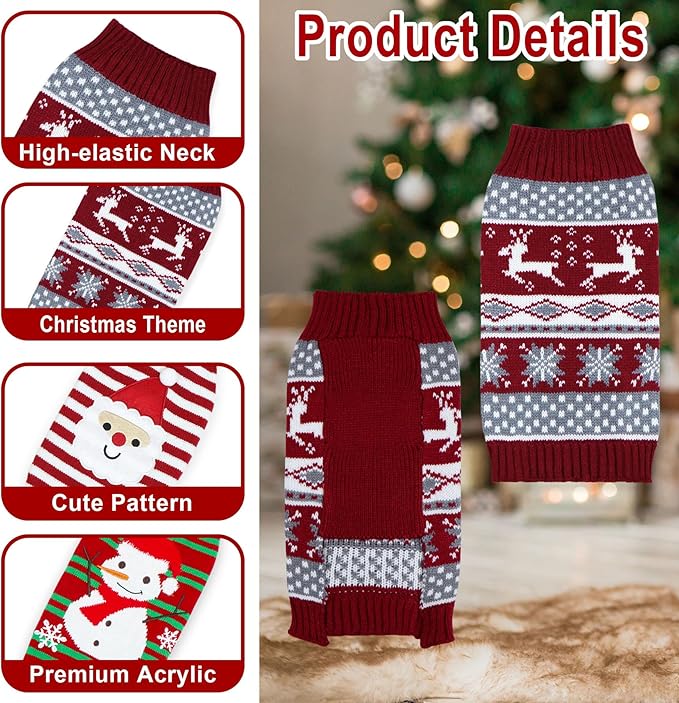 GOYOSWA 3 Pack Cat Christmas Sweater, Knit Pet Cat Dog Sweaters Warm Coat Clothes Santa Reindeer Snowman Christmas Sweater Outfit for Cats Puppy Dogs M