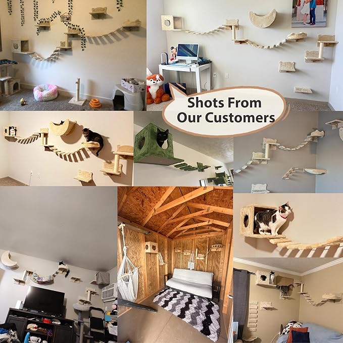 Cat Wall Shelves, Wall Mounted Cat Shelf Furniture with Plush Fabric(13 Piece Set), Cats Furniture with Moon Hammock, Condos, House, Steps, Bridge Ladder, Scratching Post, Green