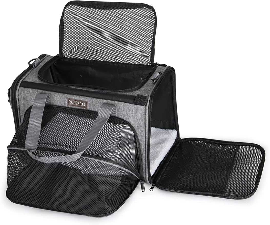 Pet Carriers Soft-Sided Carrier,Ventilation,4 Zipper Opening Grows Extra Room,Padded Mat Bottom,for Cat,Puppy, Grey