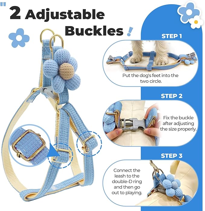 PETCARE Cute Flower Dog Harness and Bowtie Leash Set Easy Walk Puppy Dog Halter Harnesses for Small Dogs Boy Step in Dogs Harness with Buckle (Blue, Chest Adjustable 13"-20", Rope Width 0.79")