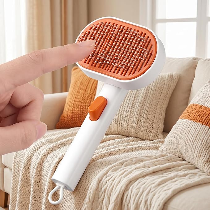 Pet Grooming Brush for Cats and Dogs, Stainless Steel Deshedding Brush with One-Click Cleaning Button, Skin-Friendly Massage Pins, Removes Loose Hair and Tangles (White)