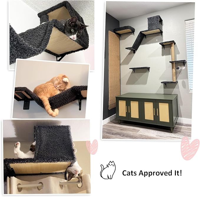 FUKUMARU Cat Wall Shelves, Stable & Safe 5 in 1 Cat Walls Furniture Set, Wooden Kitten Climbing Wall with Scratching Post for 16 Inch Drywall - Gray