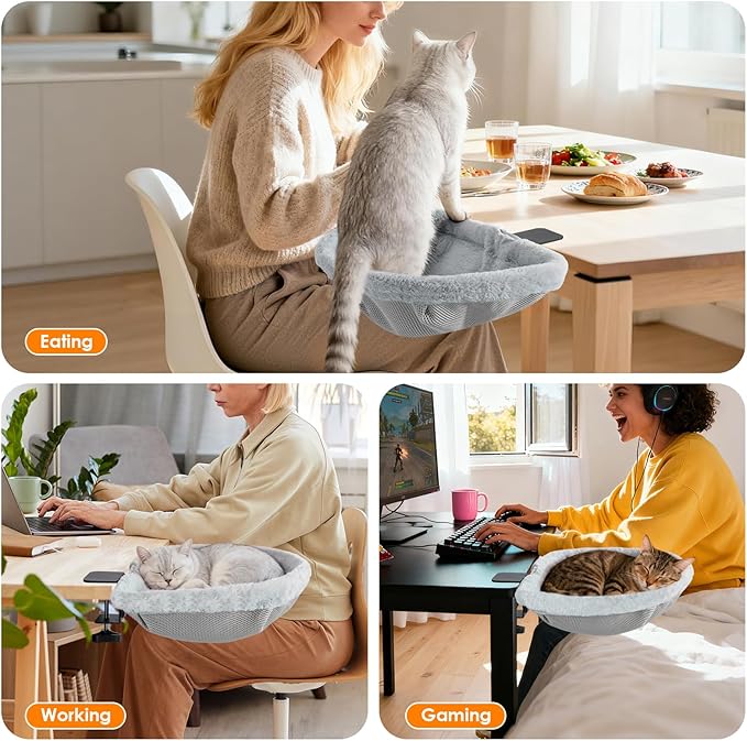 Cat Desk Bed with 2 Nests, One-Click Folding & Hanging Desk Cat Bed Attachment with Washable Winter & Summer Dual Nests, Cat Hammock Supports Large Cats up to 33lbs, Light Grey