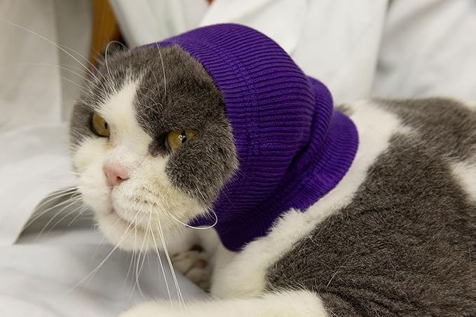 Cat Head Cover Ear Wrap Pinpoint Mesh Neck Cowl Cat Grooming Headband Snood for cat Purple+Blue S