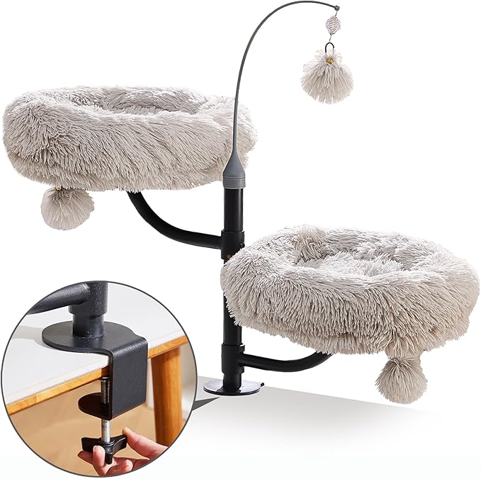 Catry Cat Desk Mount Double Perches for Indoor Cats, Pet Beds for Desk, Level Adjustable 3 Position Rotation, Space Save Desk Beds for Multi-Cat Home, Light Grey