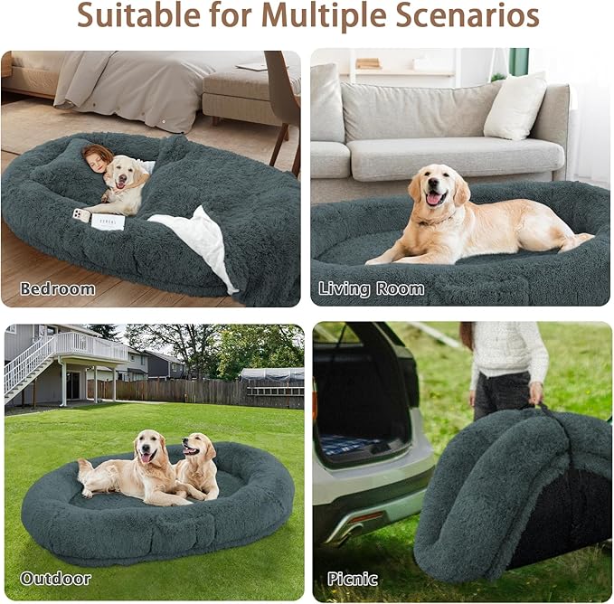 ROOMTEC Human Dog Bed, 71''x45''x12'' Size Fits Adult and Pet Washable Giant People Bed 10 CM Thick Memory Foam Large Oversize Pet Bed with Plump Pillow, Blanket, Strap - Darkgrey