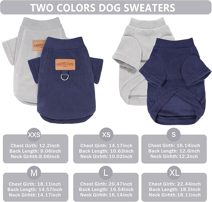 2 Pack Dog Sweaters with Leash Ring Warm Fleece Dogs Sweatshirt for Small Medium Dogs Pet Puppy Coat Apparel Outfits Winter Dog Clothes for Chihuahua, Yorkie, Bulldog, Dachshund Cats S, Grey