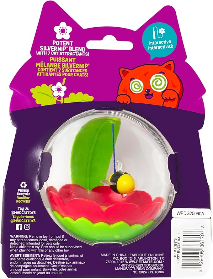 Mad Cat Buzzy Ball Interactive Cat Toy with Catnip and Silvervine, for Hunting Instincts