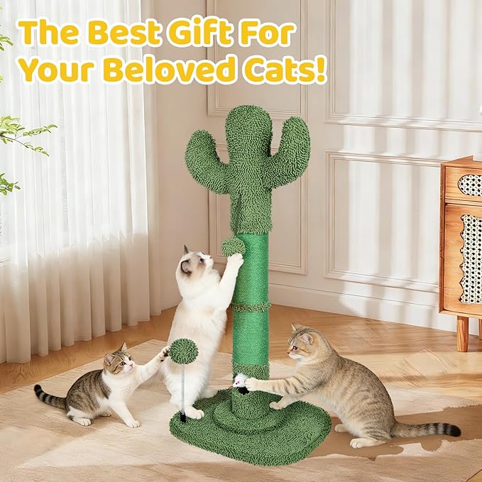 Tall Cat Scratching Post for Indoor Cats Adults, Cat Scratch Post with Sisal Rope Claw Scratcher, Solid Wood Cat Tower with Scratching Post and Cat Toys Mouse Hole,Cactus Small Cat Tree(Green Cactus)