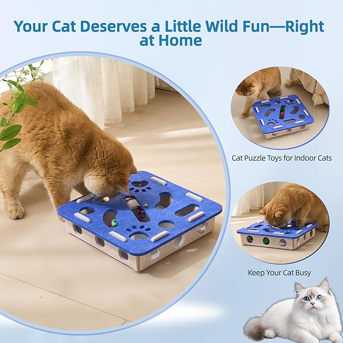 Interactive Cat Puzzle Feeder Toy - Felt Maze Box with 3 Jingle Balls for Indoor Cats, Kittens to Adults - Mental Stimulation, Slow Feeding & Fun Exercise Encourages Natural Hunting Instincts