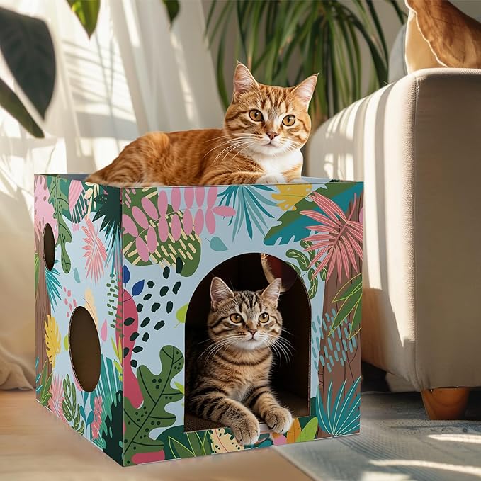 Cinrobiye Cardboard Cat House with 2 Pcs Scratching Pad,Pet Hideaway Cave Board Bed Playhouse Condo Box Decor Small Animals Scratcher Bed for Indoor Cats Kittens Rabbits Bunny