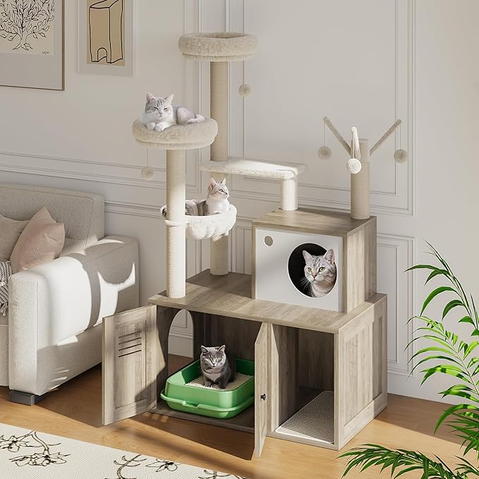 TrailBlaze Cat Tree with Litter Box Enclosure, Wooden Cat Condo with Platform, Hammock, Pompoms, Scratching Posts, All-in-One Cat Furniture for Indoor Kitten, 31.5" l x18.9 w x55.1 h(Grey)