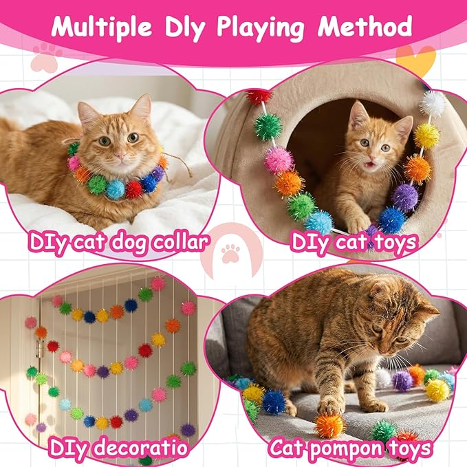 100 PCS Cat Pom Poms Balls Sparkle Cat Toy Balls 1in Soft Pom Poms Fuzzy Ball for Cats Small Plush Cats Ball Toys for Exercise and Entertainment Kitten Pet Chase InteractivePlay
