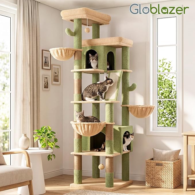 Globlazer Extra Large Cactus Cat Tree Tower 80in Tall Cat Tree for Multiple Indoor Cats Large Adult Kittens with Scratching Posts, 2 Widened Perches, Adjustable Baskets, 2 Cozy Condos, S80G, Green