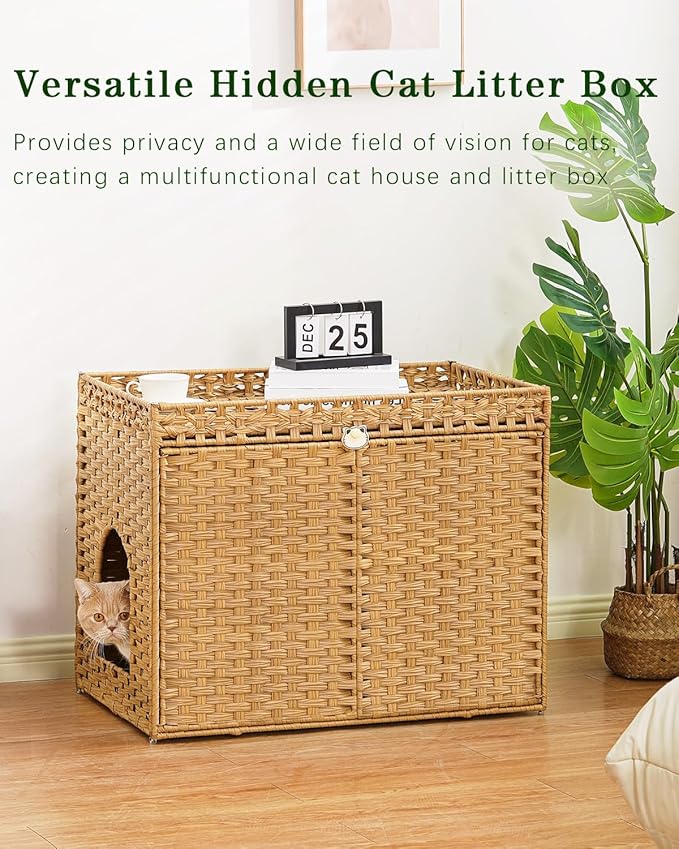 SETVSON Cat Litter Box Enclosure Furniture, Handwoven Rattan Hidden Litter Box with Mat, Large Space Cat House with 2 S-Shaped Hooks 30.3 x 18.3 x 24.4 Inches, Indoor for Living Room Apartment Natural