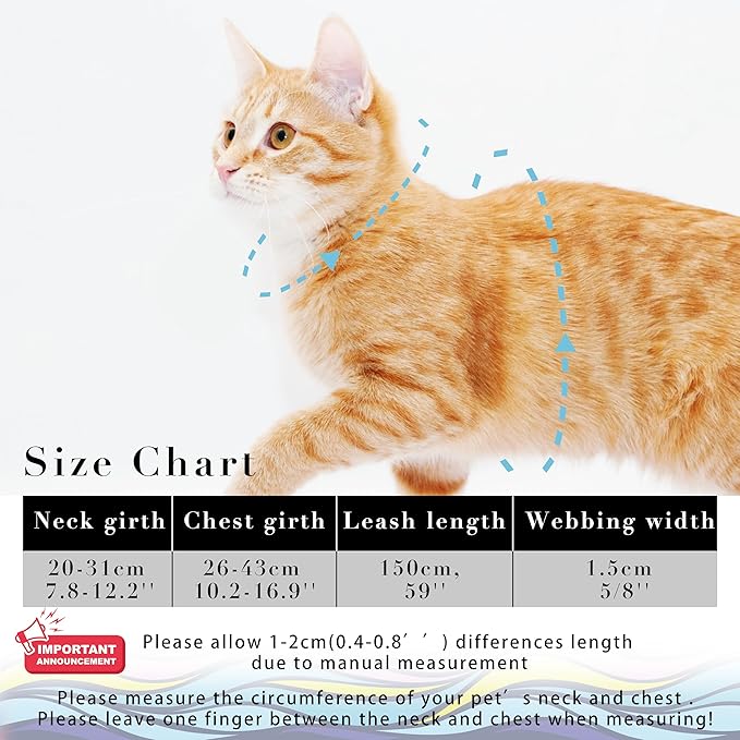 Seyezo Cat Harness and Leash Set, Adjustable Kitten Harness Escape Proof Cats Harness, Soft Lightweight Walking Travel Pet Harness, Cute Kitty Harness Leash Set for Small Medium Cats, Colourful Waves