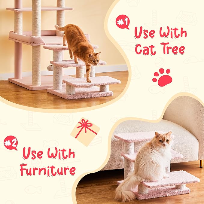 15''H Multi-Step Pet Stairs for High Beds & Sofas, 3-Step Cat Stairs with 2 Toy Balls, Wide Boards for Indoor Kittens Dogs Pets Climbing, Pink 2.0