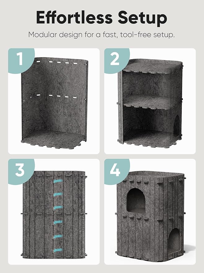 FUKUMARU Cat House for Indoor Cats, 23.62 Inch Large Cat Bed Cave Condo, 2-Storey Cozy Felt Covered Cats Tunnel Kitten Hideaway for Multicats, Scratch Resistant, Dark Grey