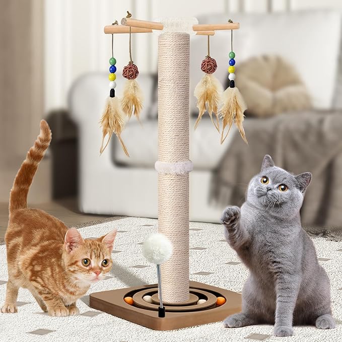 PAROTO Tall Cat Scratching Post, 33 Inch Sisal Cat Tree Tower Scratcher for Large Adult Indoor Cats, 2 Mounting Methods, Hanging Toys and Double Ball Track Activity Center