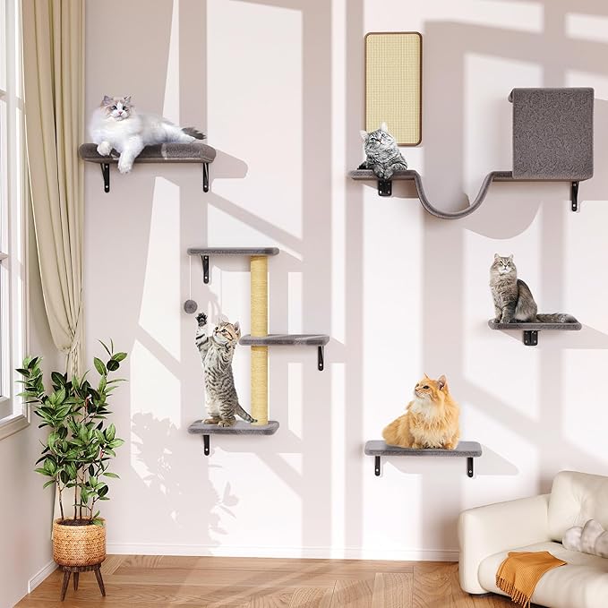 Cat Wall Shelves for Large Cats, Stable & Safe Kitty Walls Furniture Set for 40LBS Cats with Wooden Cat Climber,House, Bridge, Tree, Steps, and Scratcher for 16 Inch Drywall (Grey, 5-in-1)