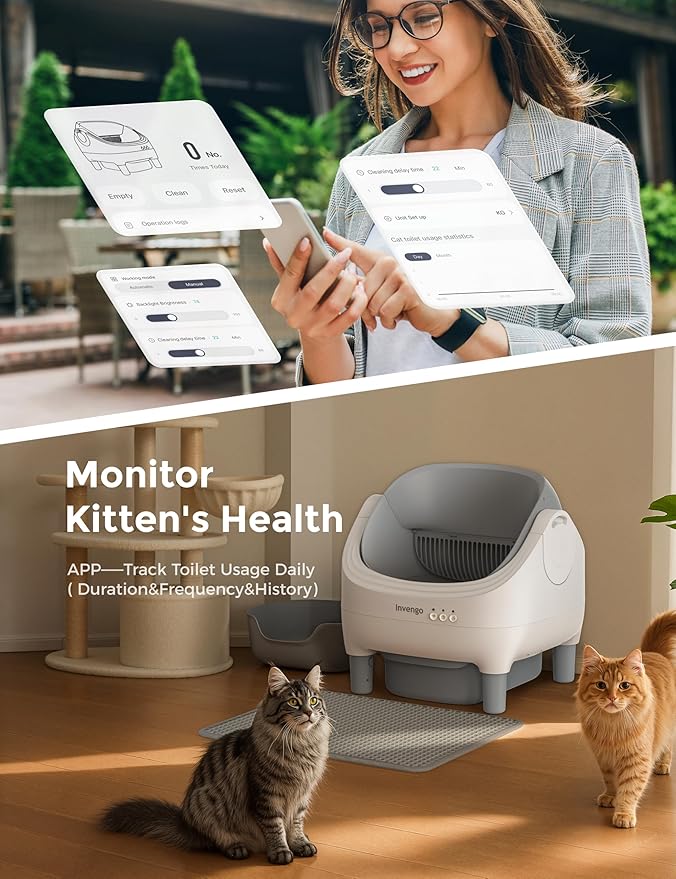 Invengo Automatic Cat Litter Box Self Cleaning, App Control, Open-Top Automatic Litter Box with Safety Sensors, Ultra-Quiet, 10.5L Waste Bin with Odor Control, 2 Rolls of Garbage Bags, Grey White