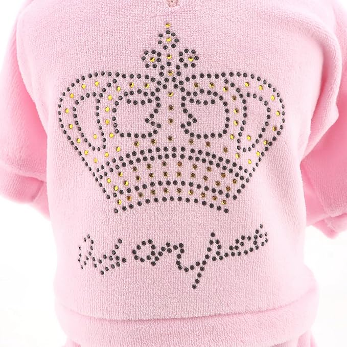 SMALLLEE_LUCKY_STORE Dog Hoodies for Small Dog Girls Rhinestone Crown Doggie Outfits Puppy Pajamas with Leash Hole Stretchy Soft Velvet Clothes 4 Legged Jumpsuit Pet Tracksuit Cat Apparel
