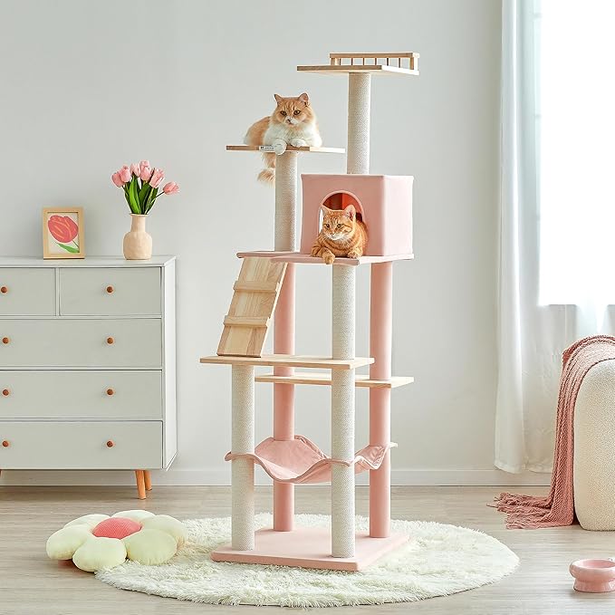 MWPO Pink Modern Cat Tree for Indoor Cats, 63.8-Inch Multi-Level Tall Cat Tower with Cat Condo, Hammock, Woden Top Perch, Scratching Posts for Kittens & Adult Cats