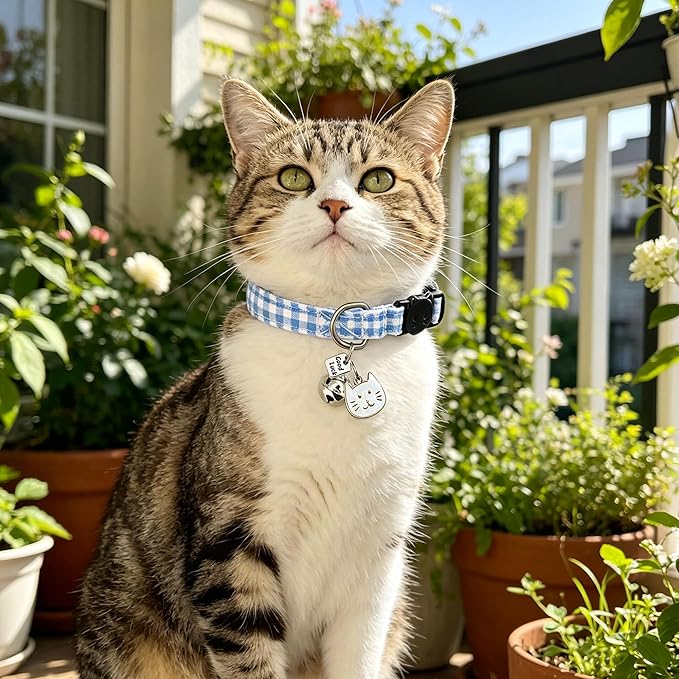 2 Pack Cotton Breakaway Cat Collars with Bell and Charms Blue Solid Plaid Safety Collars for Girl Boy Cats, Cat Head and Paw Pendant Cute Kitten Collars