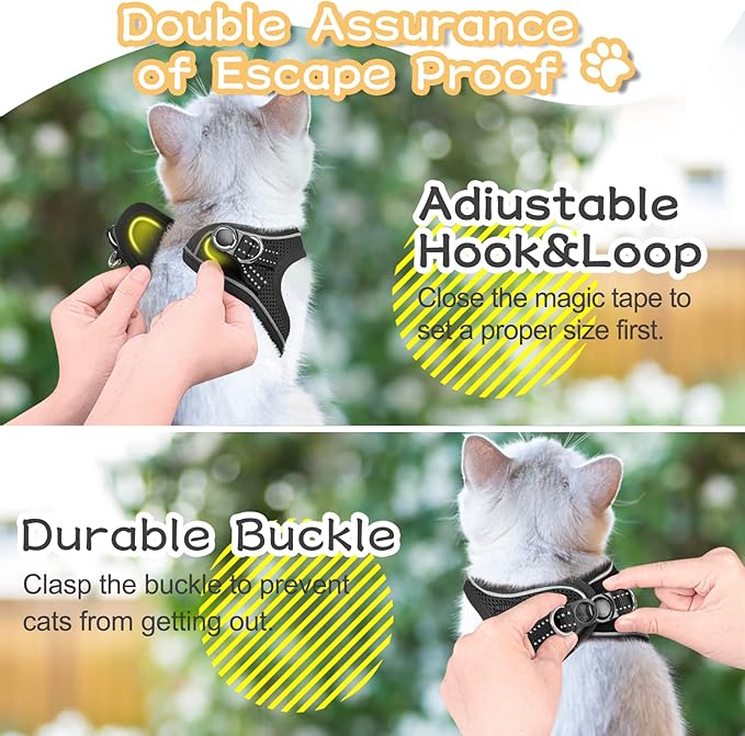 Cat Harness and Leash Escape Proof,Adjustable Soft Mesh Kitten Vest Harness for Walking Reflective Pet Harness for Cat Small Dogs Puppy (Black, XXS)