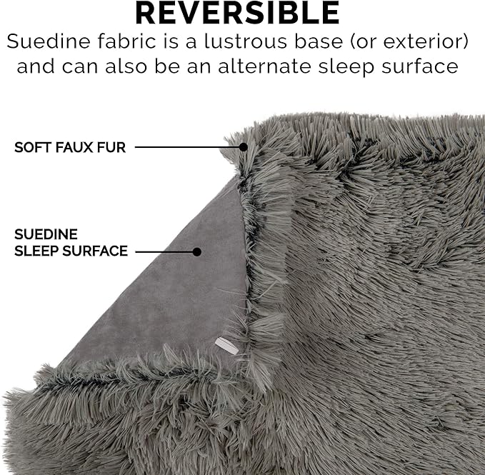 Furhaven Self-Warming Cat Bed for Indoor Cats, 4-Beds-in-1 & Washable - Plush Long Faux Fur Convertible Cuddler - Gray, Small