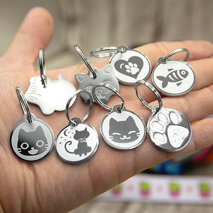 Stainless Steel Cat ID Tags - Engraved Personalized Cat Tags Includes up to 4 Lines of Text with Kitty Face Shape
