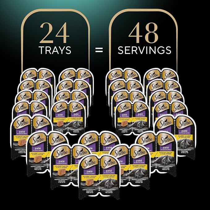 Sheba Perfect Portions Wet Cat Food Pate Gourmet Chicken & Tuna Entree, 2.6 oz. Twin-Pack Trays, Cat Food Wet Recipe (24 Count, 48 Servings)