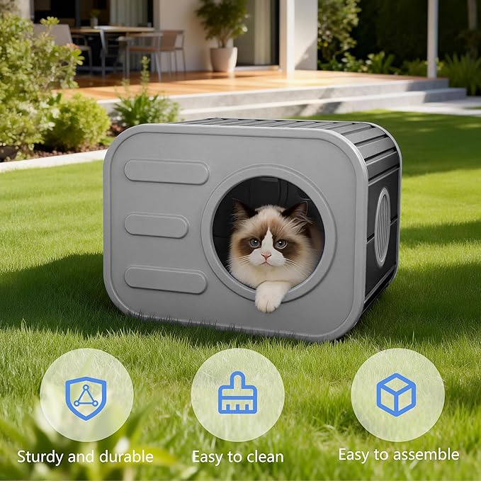 Insulated Outdoor Cat House,Plastic Feral Cat Houses for Outdoor Indoor Cats with Camera Appearance & Large Door,Stackable Cat Houses & Condos,Spacious Cat Bed Cave, Ventilated & Easy to Clean,Black