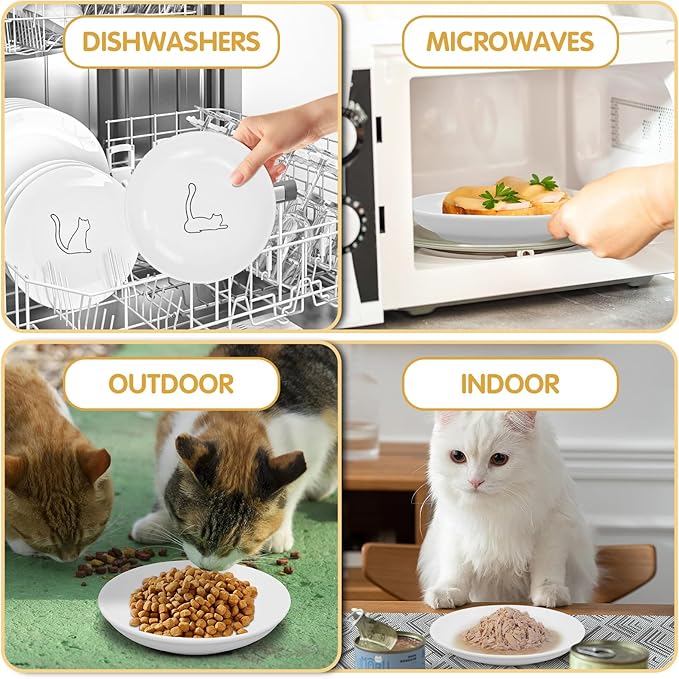 6 Pack Cat Food Bowl, Ceramic Cat Bowls, Anti Whisker Fatigue Cats Bowl Set,5.5 Inches Shallow Wide Kitten Plates for Food and Water (White-C)