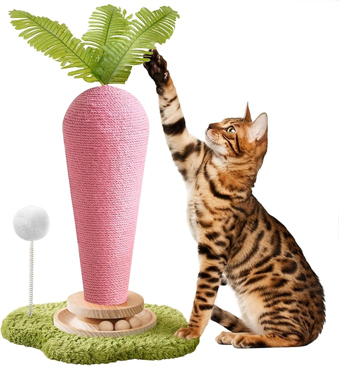Cute Cat Scratching Post, Carrot Cat Scratcher Post with Durable Natural Wooden Turntable Toy and Catnip, 24'ā H Carrot Shape Design Sisal Cat Tree Sisal Scratcher for Indoor Cats (Cloud Base)