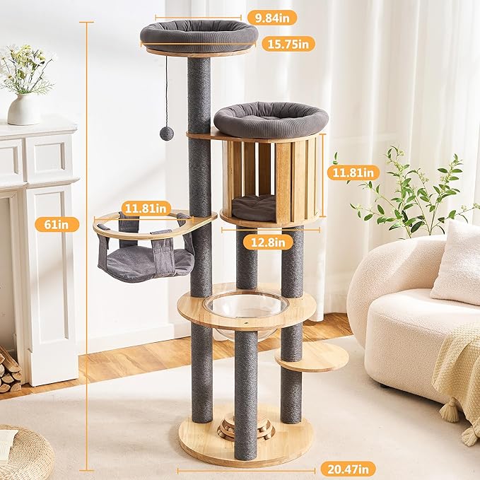 HITTITE Solid Wood Cat Tree Tower with Scratching Post, 61 Inches Tall Cat Towers with Capsule and Condo, Modern Cat Tower with Hammock and Removable Top Bed for Indoor Cats.Grey
