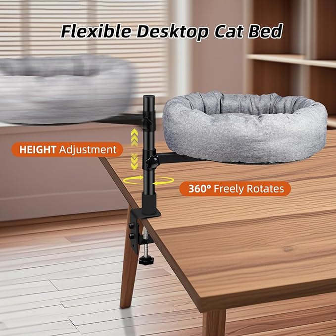 Cat Hammock Bed for Desk Edge, Rotating & Height Adjustable Pet Lounge with Thick Soft Cushion, Space Saving Desk Mounted Resting Perch for Cats & Small Pets Up to 45 lbs, Grey