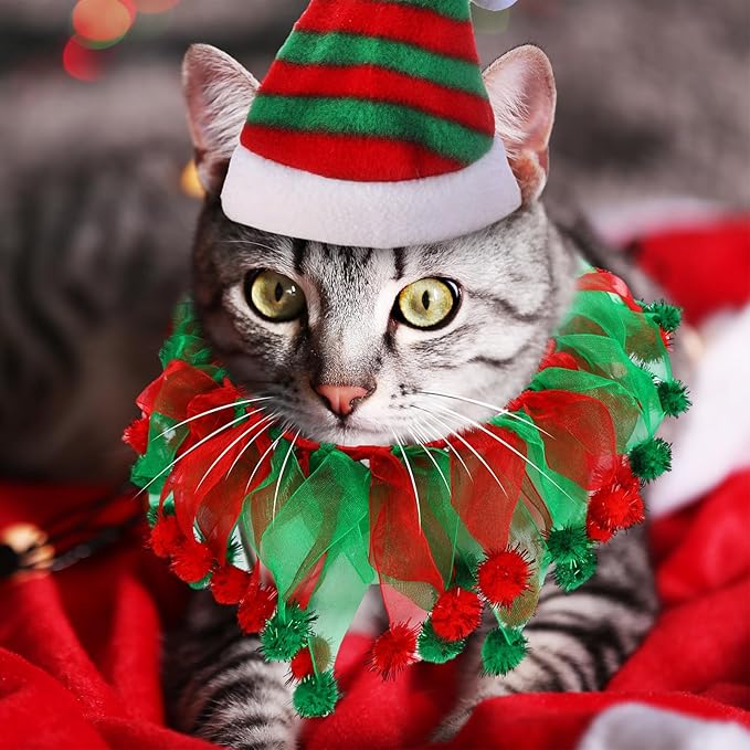 Abbylike 8 Pcs Cat Christmas Costume Suit Tutu Collar and Green Shiny Hat Outfit Santa Christmas Cat Collar with Bell Hat and Collar Kitten Outfit Clothing for Puppy Dog Gift