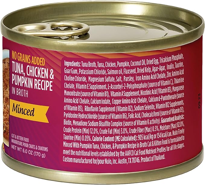Nulo Canned Wet Cat Food - Minced Tuna, Chicken & Pumpkin in Broth, High Protein Grain-Free Cat Food, Indoor & Outdoor Kittens and Adults, 6oz Cans (Pack of 8)