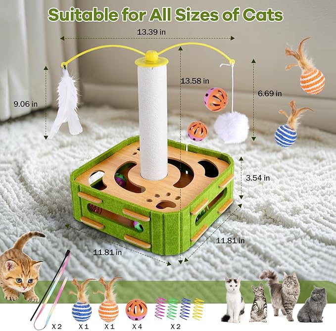 Cat Puzzle Box Toy for Indoor Cats Boredom Relief Interactive Wooden Cat Enrichment Maze with Jingle Balls, Feather Wands & Spiral Springs, Slow Feeder Treat Dispenser for Kittens & Adult Cats
