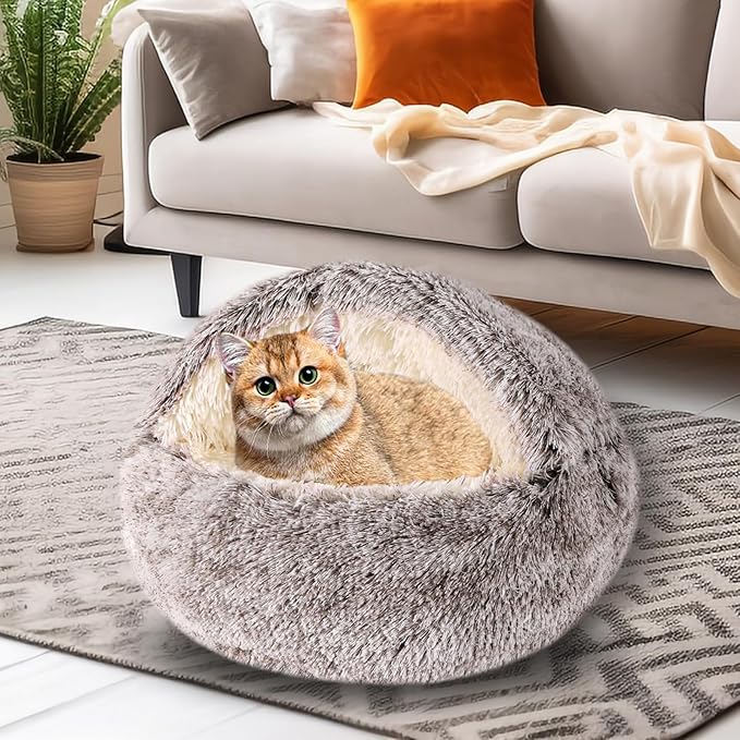 FORMYCATIE Cat Beds for Indoor Cats,Cat Cave for Puppy and Kitty,Calming Small Dog Bed for Small Dogs with Cover Cave,Cozy Warming Fluffy Washable Anti-Slip Pet Sleeping Bag (20 * 20inch,Khaki)