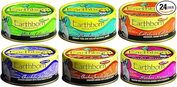 Earthborn Grain-Free 5.5 Oz Canned Cat Food Mixed 24 Cans with 6 Flavors Chicken Catcciatori, Monterey Medley, Catalina Catch, Chicken Fricatssee, Jumble with Liver, Harbor Harvest