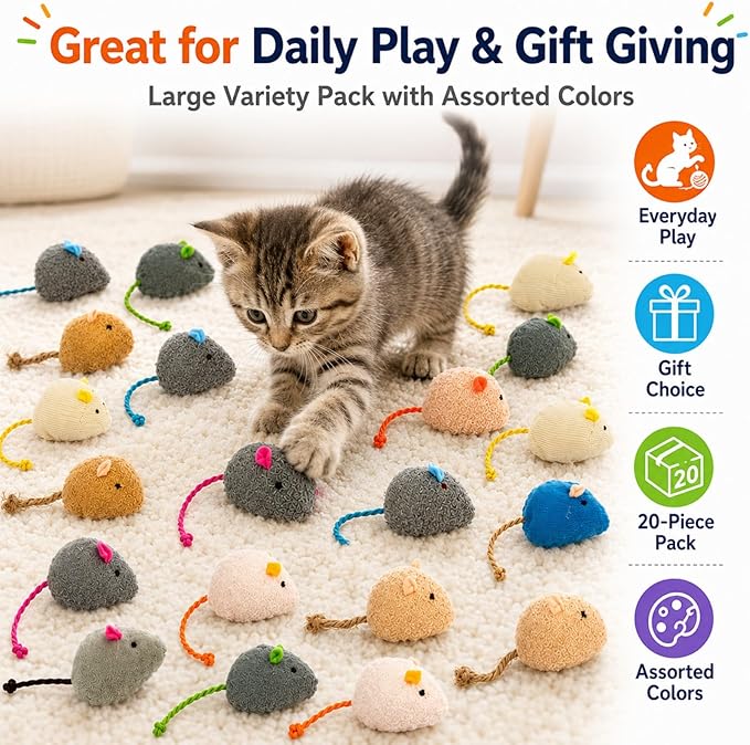 20-Pack Catnip Mouse Toys - Assorted Colors, Plush Mice with Catnip, Interactive Cat Toys for Indoor Kittens & Adults, Durable Cat Teaser Set