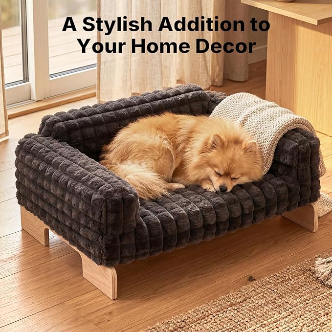 Veehoo Elevated Dog Bed Medium Size Indoor, Wood Furniture Style Dog Couch Sofa with Removable Washable Cover, Cute & Fluffy Large Cats Bed Furniture for Home