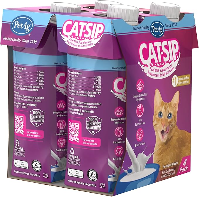 PetAg Cat-Sip Real Milk - 8 oz, 12 Pack - Ready-to-Feed Snack for Cats & Kittens - Easy to Digest with 99% Lactose-Free, Low-Fat Grade A Milk - Encourages Hydration