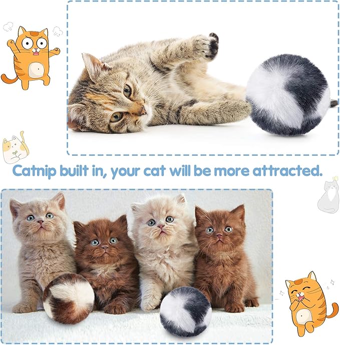 Skylety 8 Pack Cat Pom Poms Ball with Catnip Large Cat Balls Soft No Bells Quiet Interactive Toys Cute Fuzzy Artificial Balls Faux Fur 2 Inches for Kitten Pet Gifts Chasing Playing Exercising Indoor