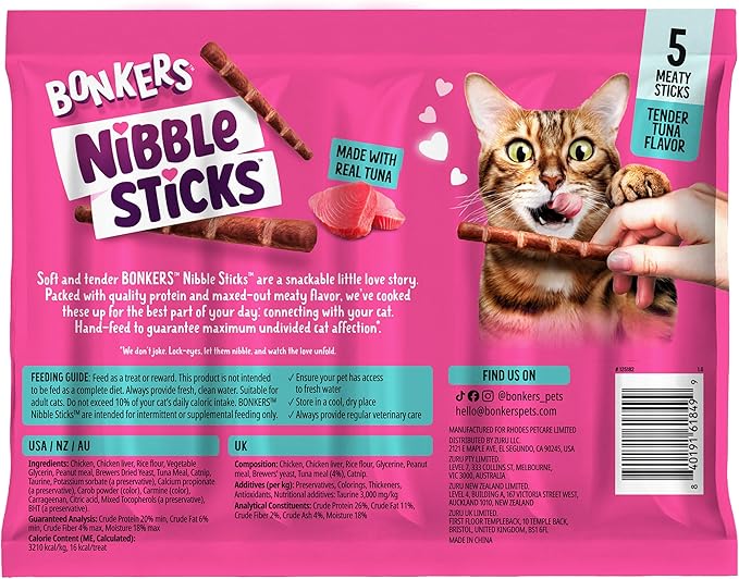 Bonkers Nibble Sticks Tuna Flavour Soft & Meaty Tender Treats for Cats, 5 Sticks (Pack of 20)