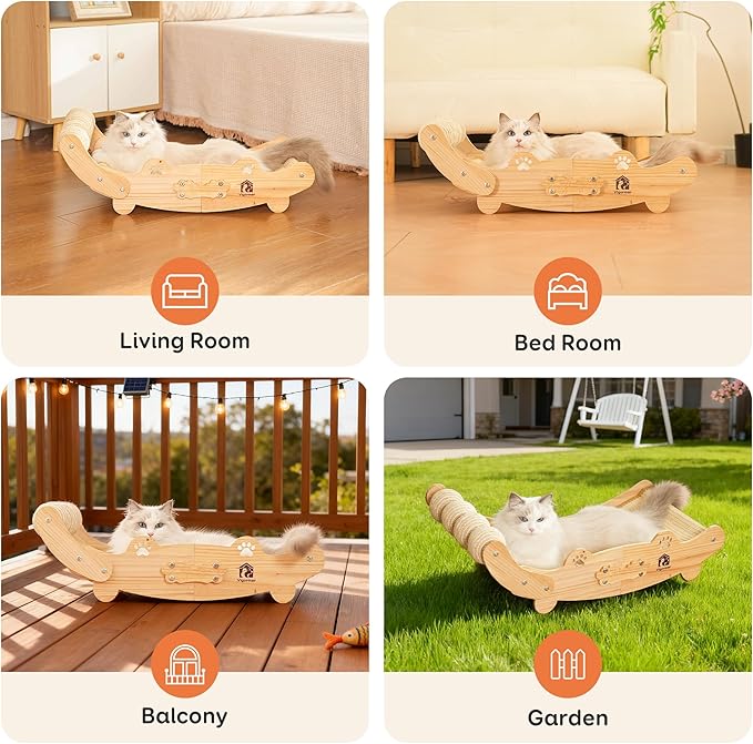Large Sisal Cat Scratch Pad, Nartural Soild Wood Cat Scratcher Bed with Sisal Scratching Felt and 4 Balls for Indoor Cats Scratch & Lounger & Sleep (Large Size, Nature Wood)