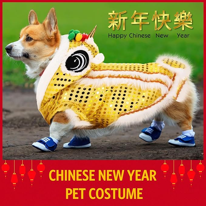 LEIFIDE Lion Dance Dog Costume Chinese New Year Pet Costume with Sequins Chinese Lion Dance Cloth Dog Clothes Hoodies Coat for pet New Year Spring Festival Dress up(Large,Gold)