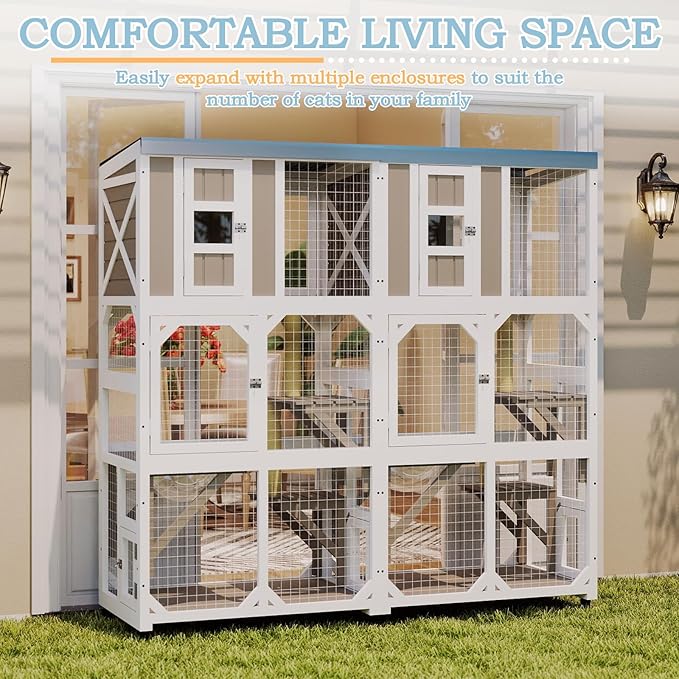 Large Wooden Catio Outdoor Cat Enclosure, Window Cat House with Wheels & 3 Platforms, Kitty Cage with Weatherproof Roof for Multiple Cats